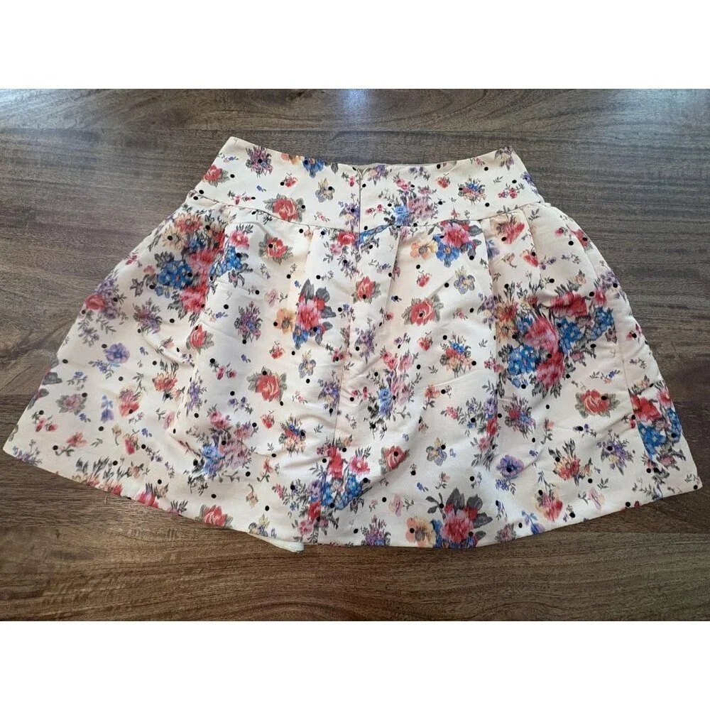 Red Valentino Skirt Womens IT 44 Ivory Floral Flocked Polka Dot Pleated Mini